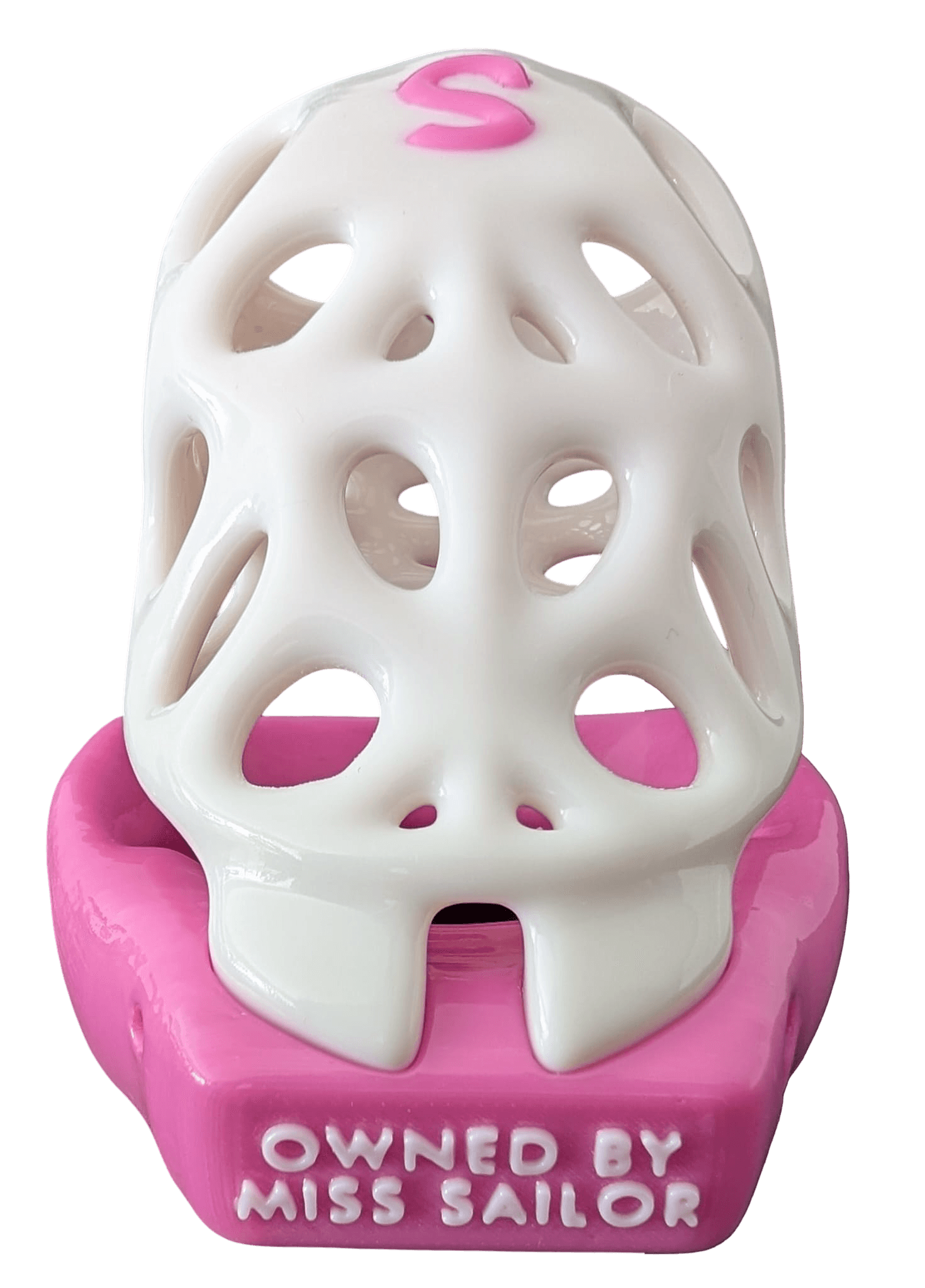 Premium pink and white custom chastity cage by Vyne
